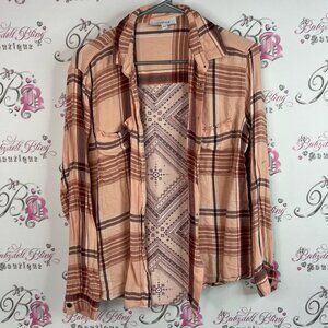 mySTYLE button up long sleeve Peach orange Brown Plaid Shirt stripes Aztec